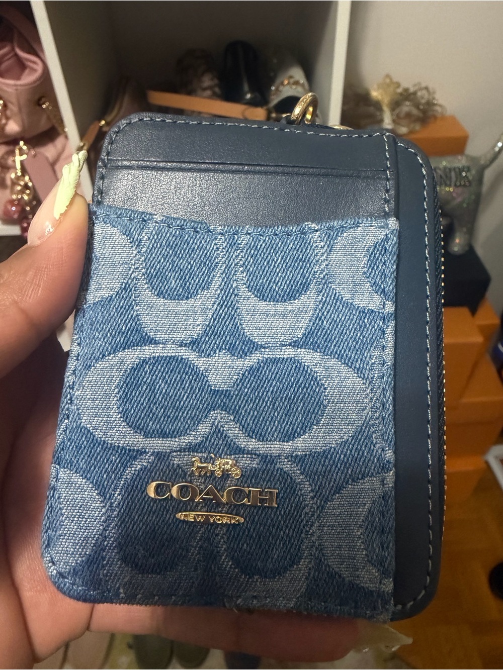 Coach Blue Denim Signature Card Case with Navy Trim